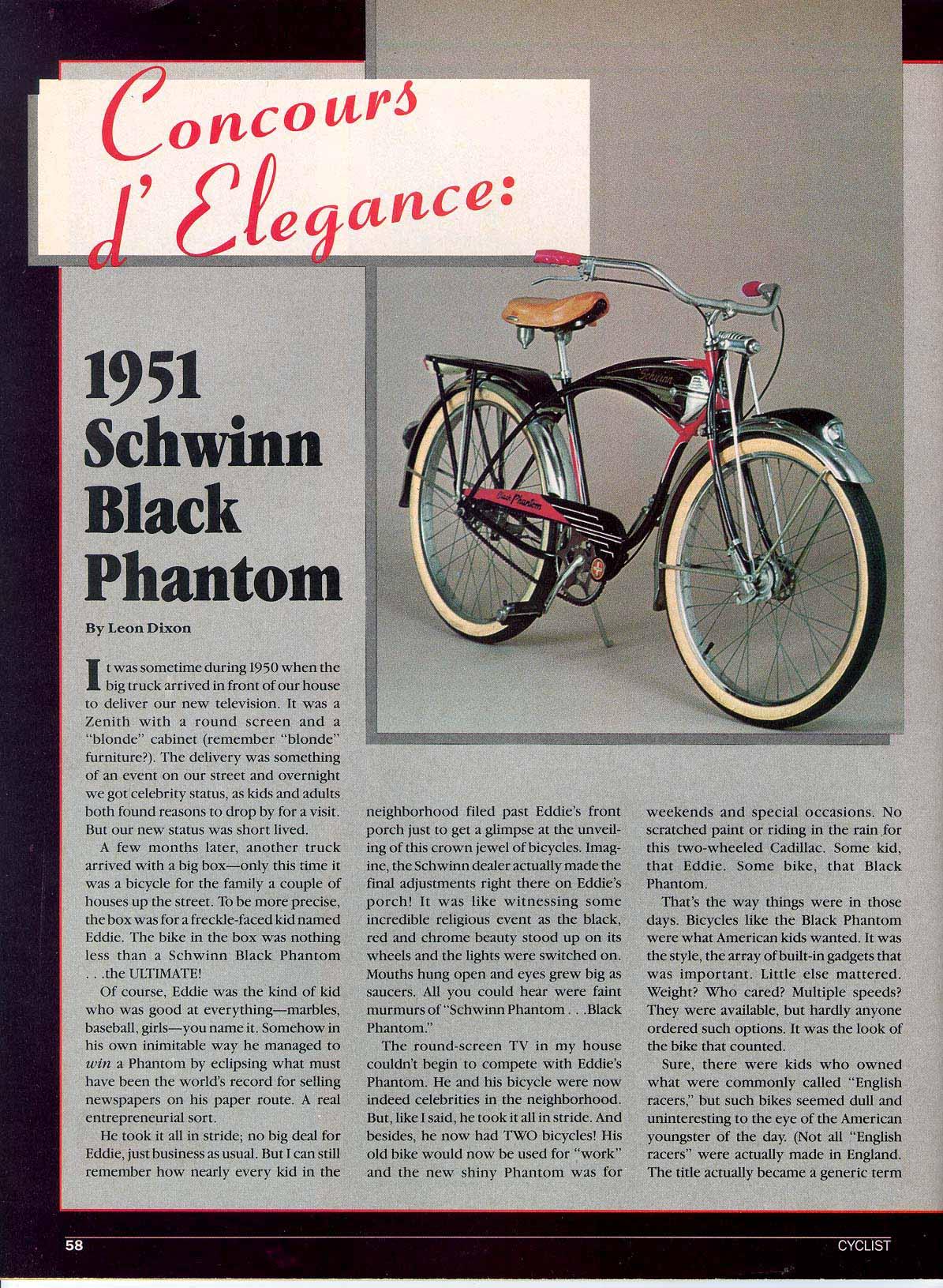 AUTHORS NOTE REGARDING THE SCHWINN BLACK PHANTOM IN THE ACCOMPANYING 